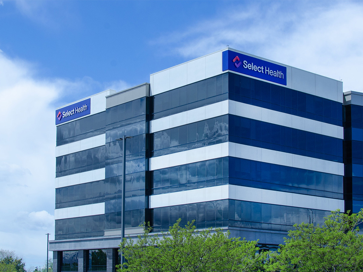 Photo of the Select Health building in Murray, Utah with the new logo. 