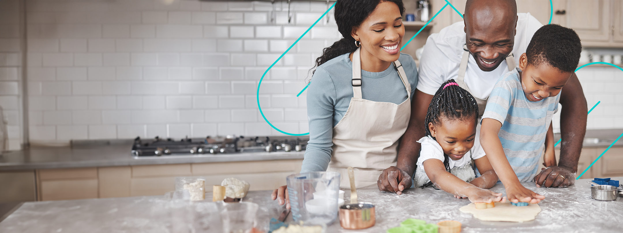 A mother and father and two kids making cookies in a kitchen